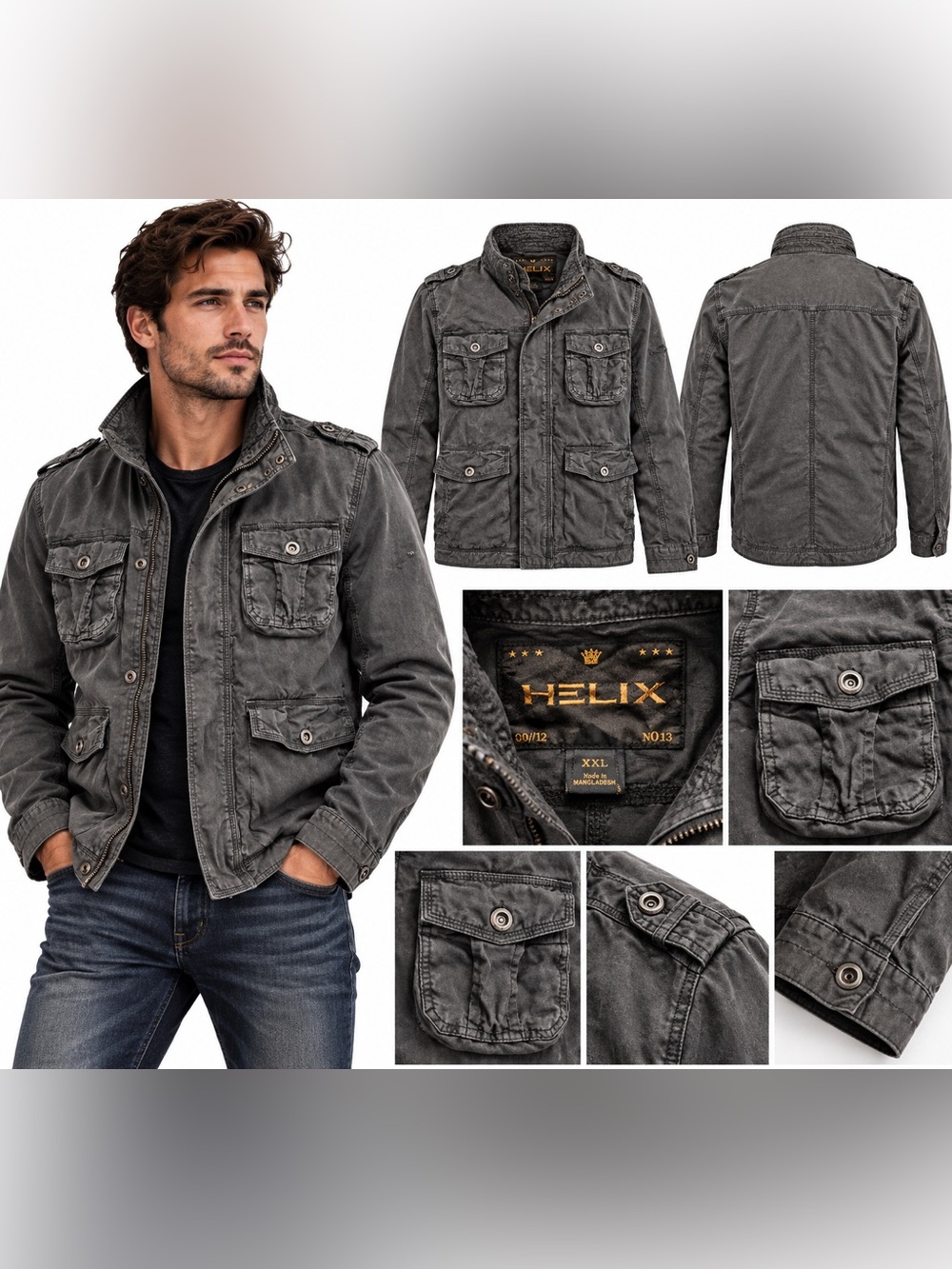 Helix Men’s XXL Y2K Military Field Utility Jacket Washed Gray Cotton